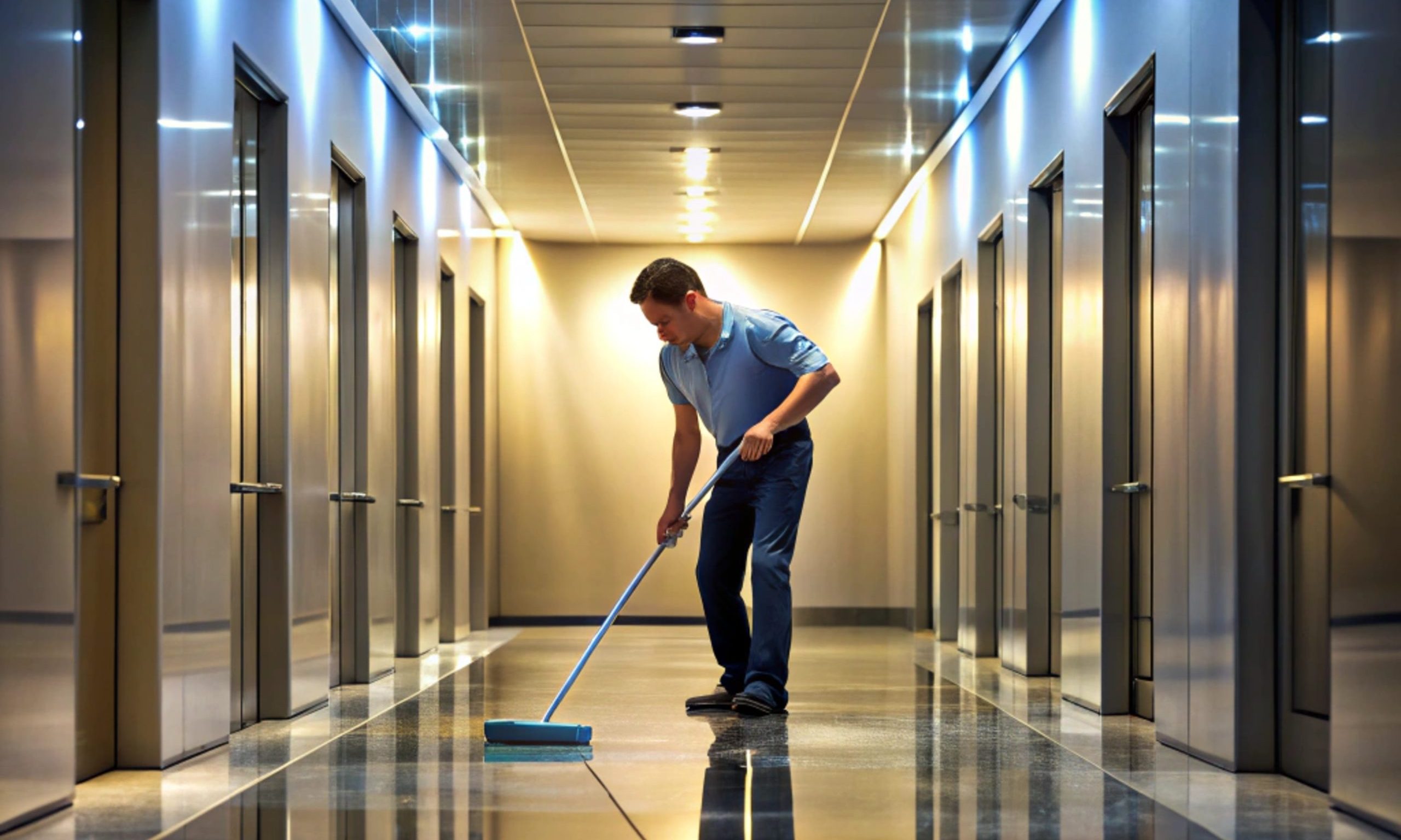 Commercial Janitorial Cleaning Services for Offices and Corporate Facilities Professional janitor mopping a highly reflective hallway in a corporate office building