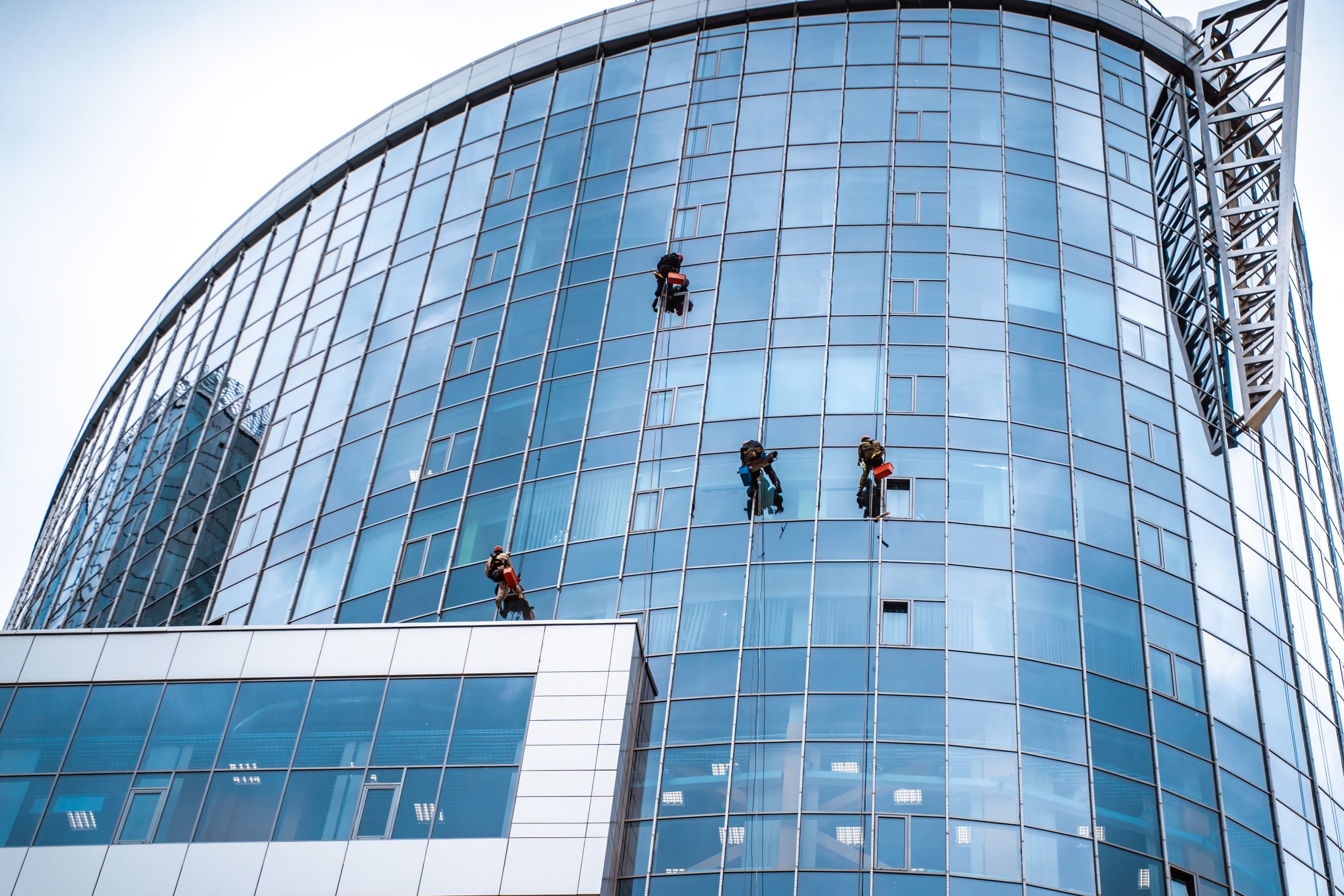 High-Rise Window Cleaning Services – Safe and Professional Glass Façade Maintenance Professional window cleaners suspended on ropes cleaning the glass exterior of a high-rise office building.