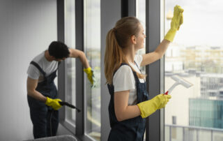 Professional cleaners wearing gloves and overalls cleaning large office windows using specialised tools.