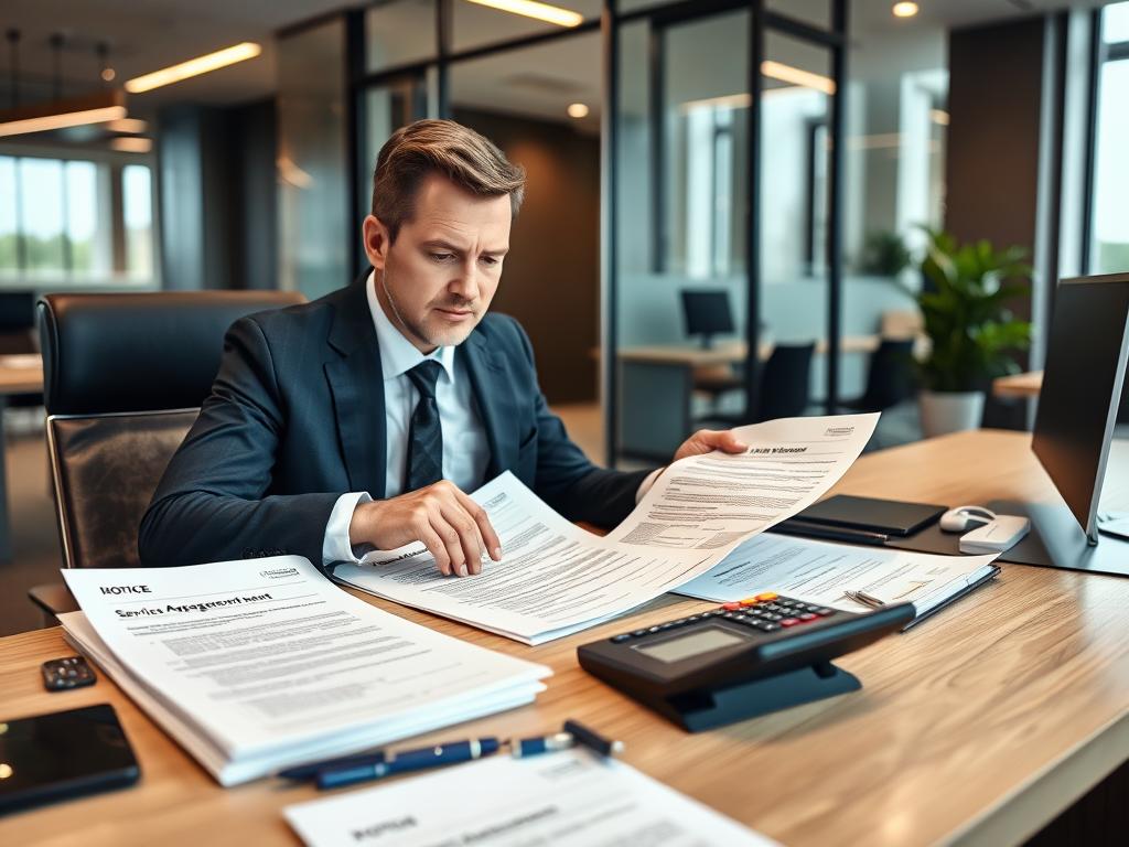 Office manager reviewing office cleaning quotes and service agreements in Sydney