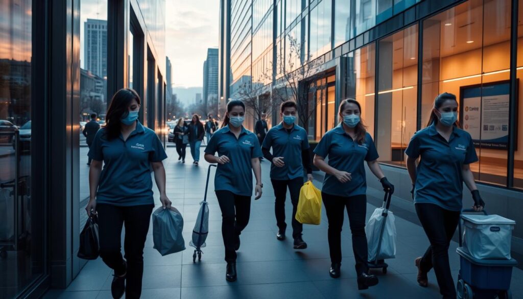 Office workers leaving as cleaning team arrives in Sydney CBD building Office workers leaving as cleaning team arrives in Sydney CBD building