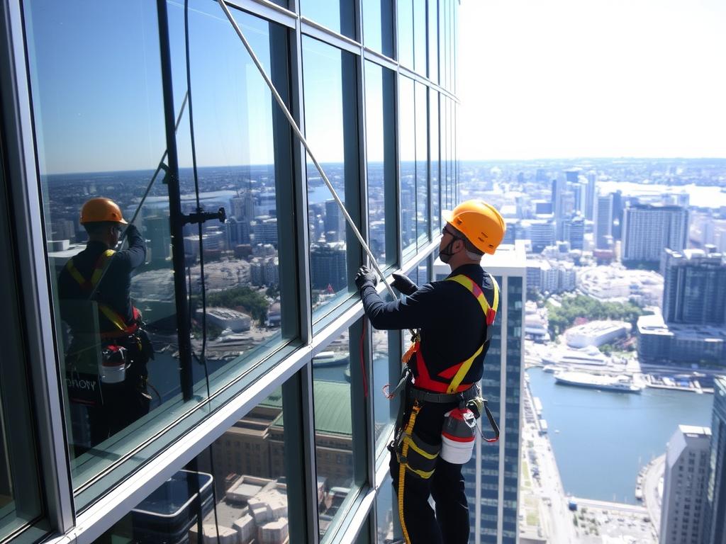 Professional cleaner performing specialized window cleaning service in a Sydney office building