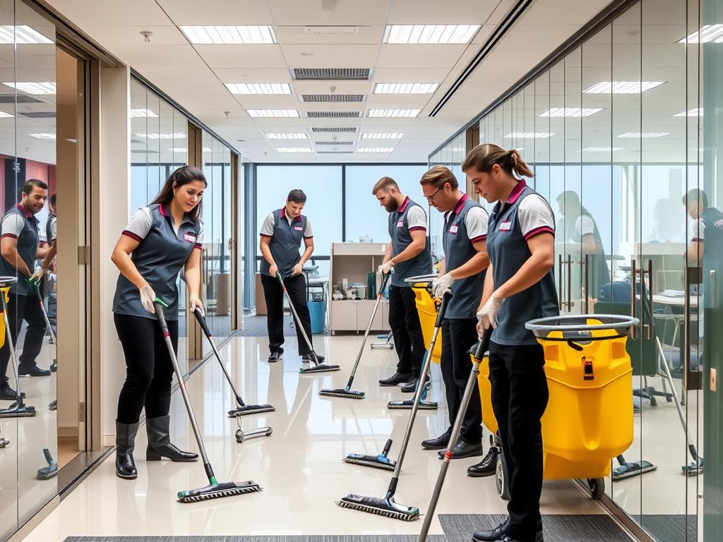 Professional cleaners efficiently cleaning a Sydney office space