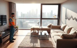 Professional cleaner cleaning a modern Sydney home living room in 2025