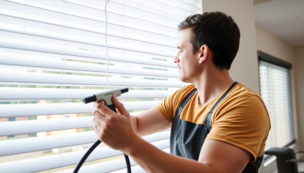 Professional cleaner cleaning blinds in a Sydney home