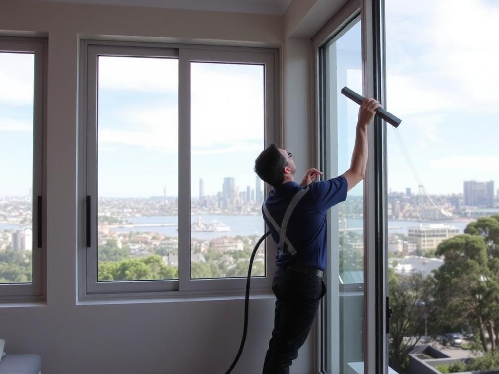 Professional cleaner cleaning windows in a Sydney home