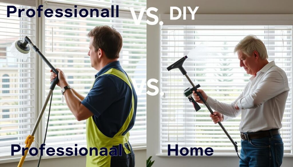 Split image showing professional cleaning vs DIY cleaning of blinds